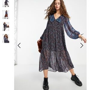 Topshop grunge mix & match floral check midi dress size 2